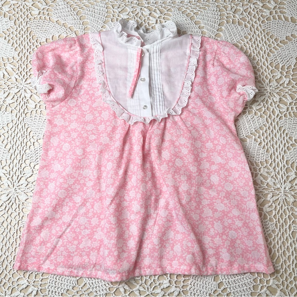 Vintage 1980s Her Majesty Girls 12 Pink Floral Dainty Yoke Blouse Shirt